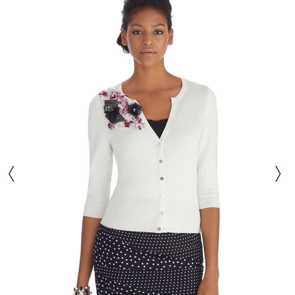 NWT White House Black Market Appliqué Flower Cardigan Ivory White S